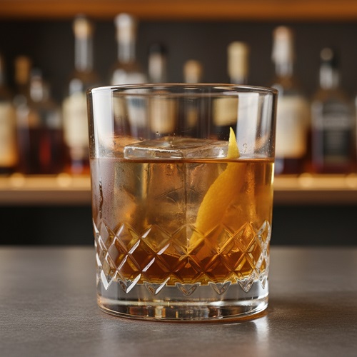 Rusty Nail cocktail with Scotch, Drambuie, and lemon twist in a rocks glass.